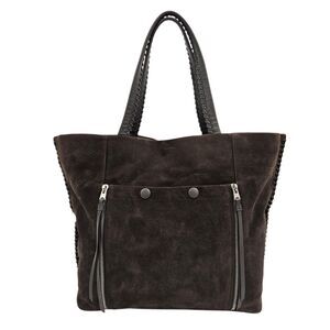 All Saints Fleur de Lis Tote Bag East to West Brown Suede Shoulder Work Career